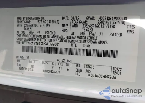 2016 Ford Transit-250 z USA, uszkodzony, nr VIN 1FTYR1YG3GKA09967